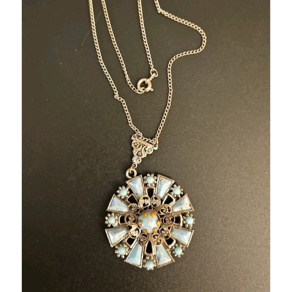 Vintage Silver Filagree Pendant w/ Turquoise / 17" Chain ? Selini (503)